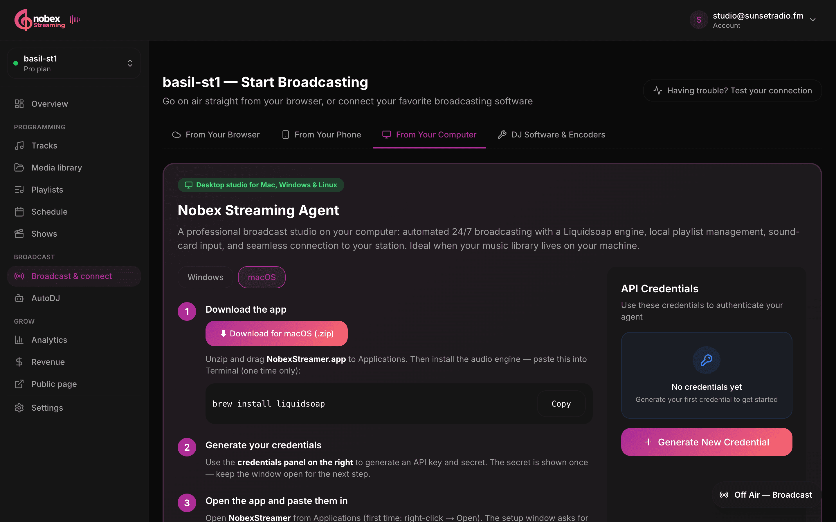 The Broadcast & connect page showing the desktop agent download and credentials