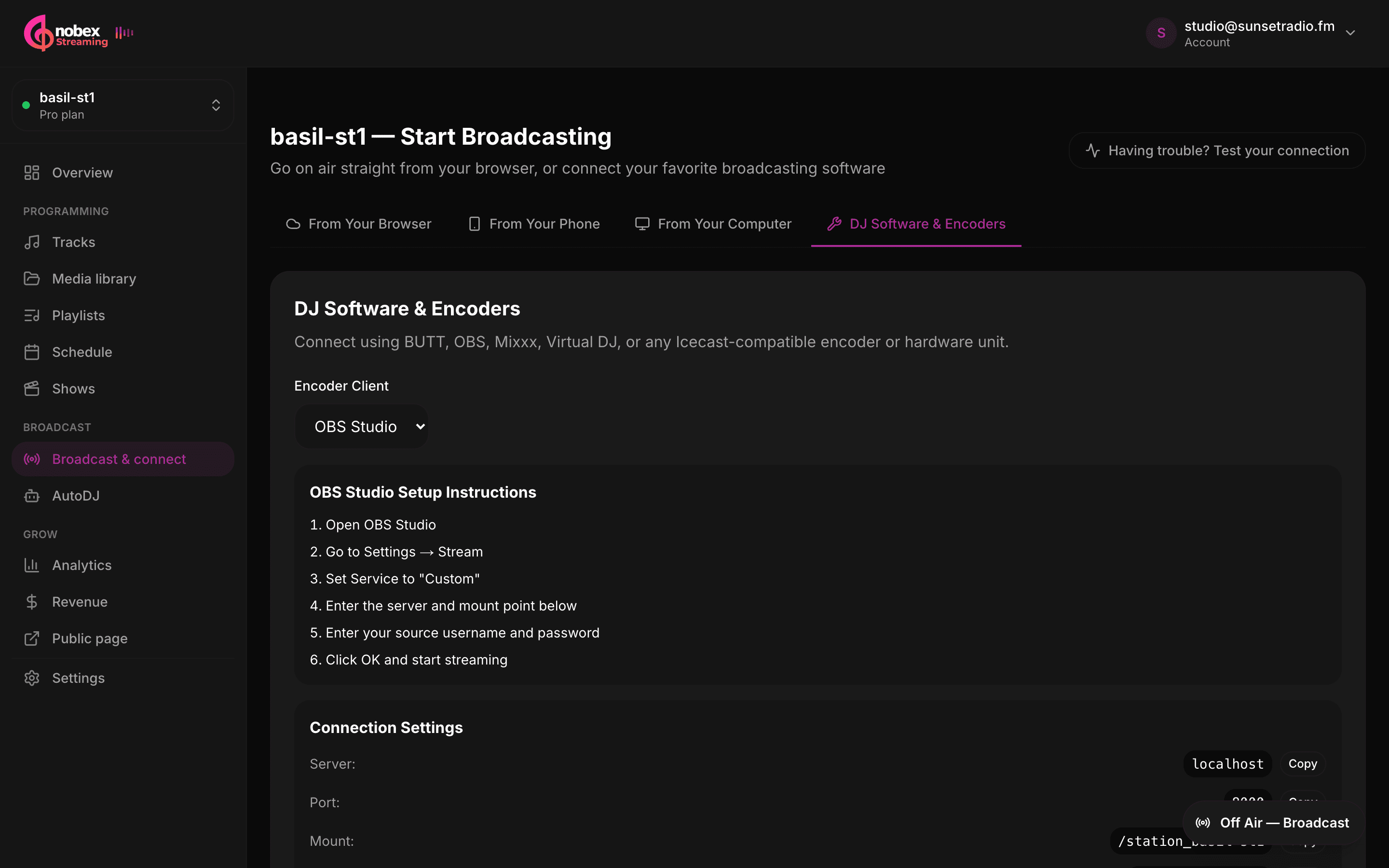 The DJ Software & Encoders tab with an encoder picker and copyable connection settings