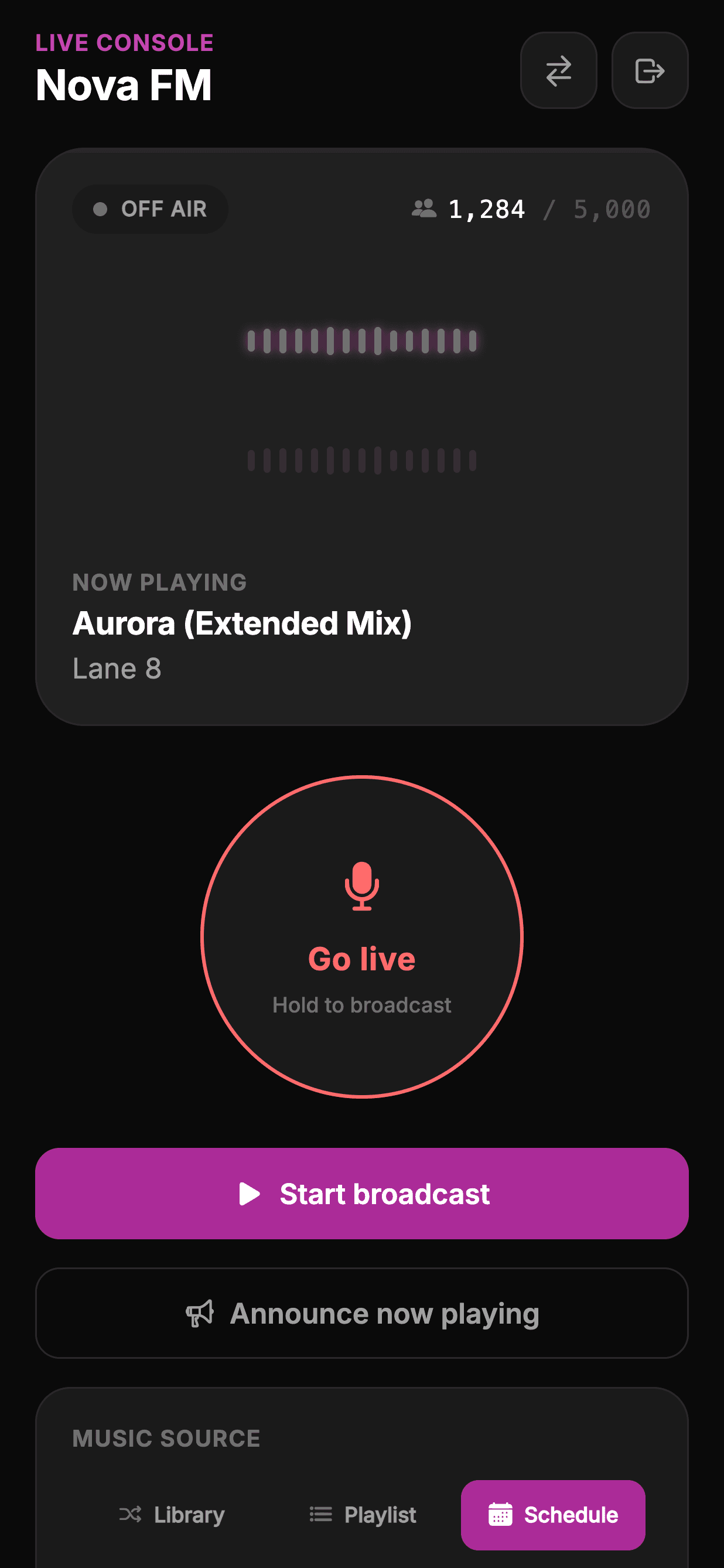 The Nobex Broadcaster live console showing the hold-to-go-live orb, source picker and live settings