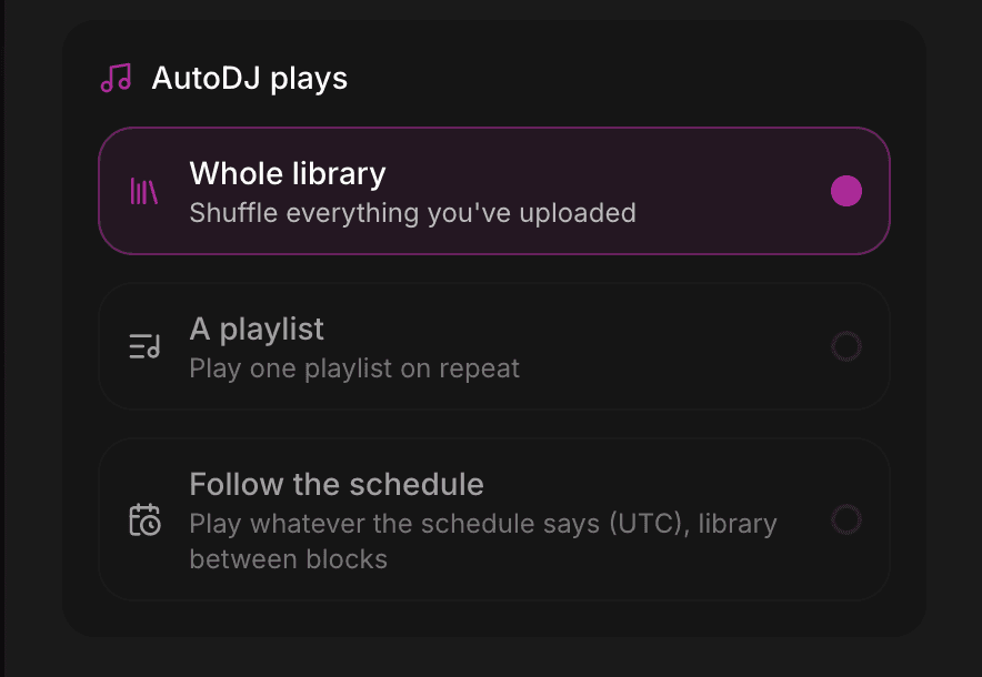 The AutoDJ source selector with Whole library, A playlist and Follow the schedule options
