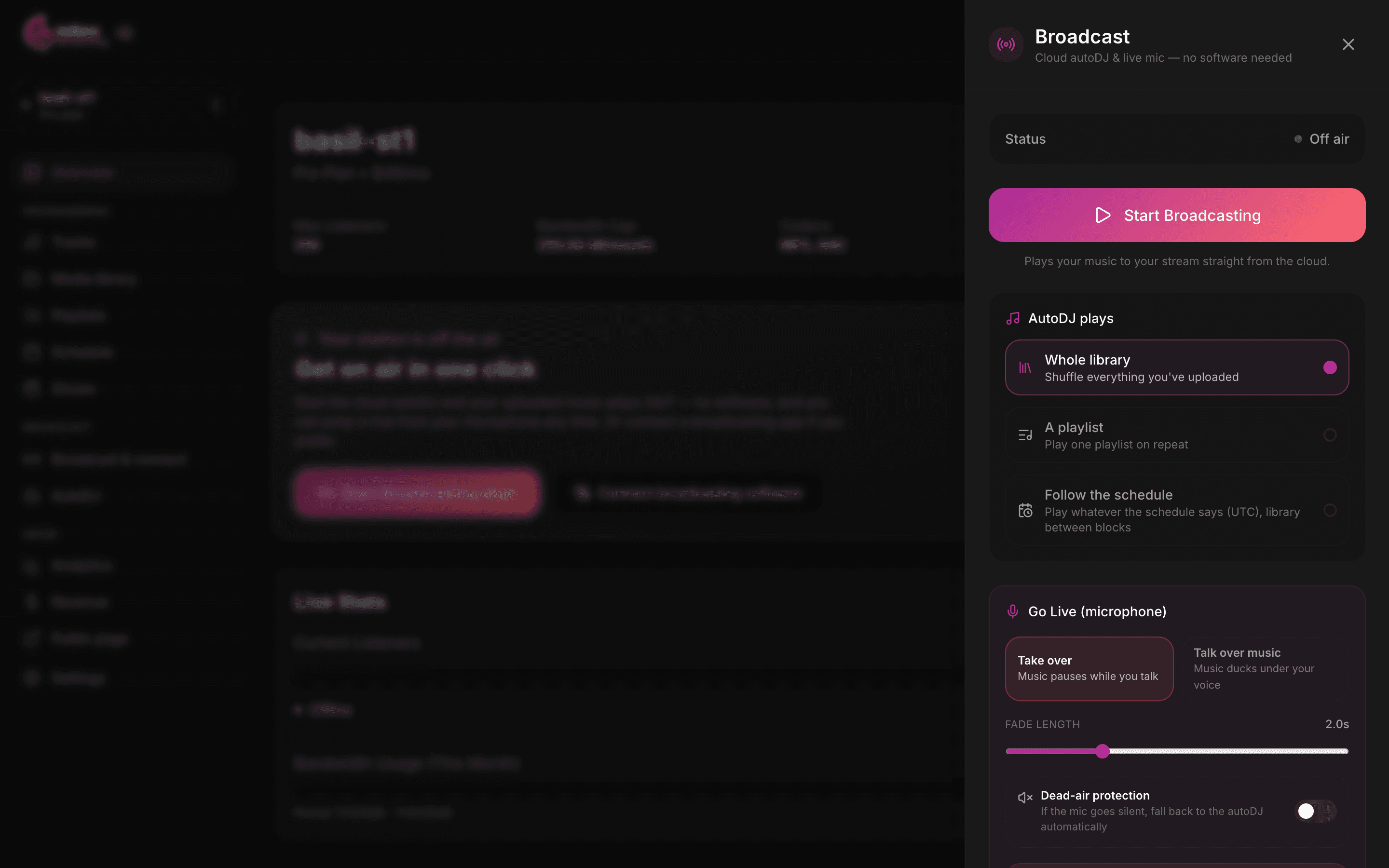 The broadcast panel showing Start Broadcasting, the AutoDJ source selector and Go Live controls