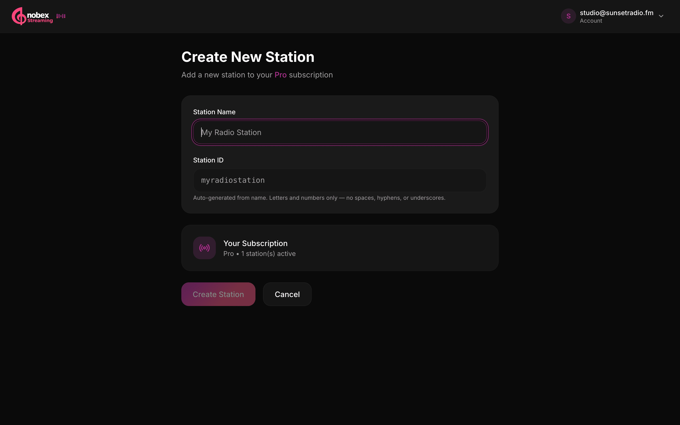 The Create Station form with a station name, auto-generated station ID and a live preview of the stream URL