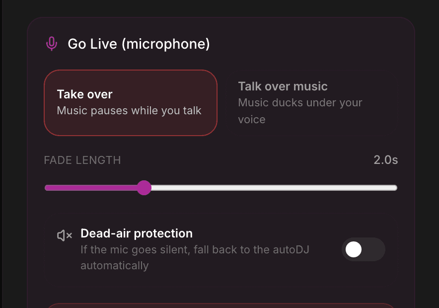 The Go Live controls in the broadcast panel with takeover and talk-over modes