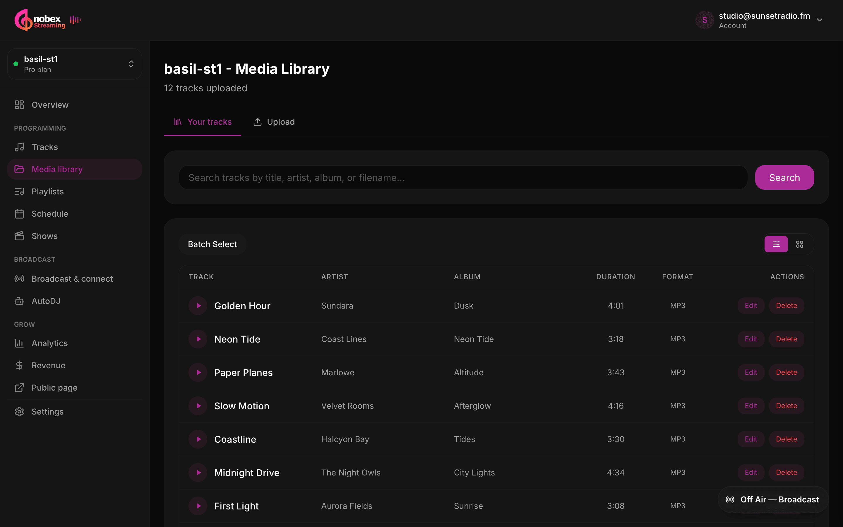 The Media library with uploaded tracks