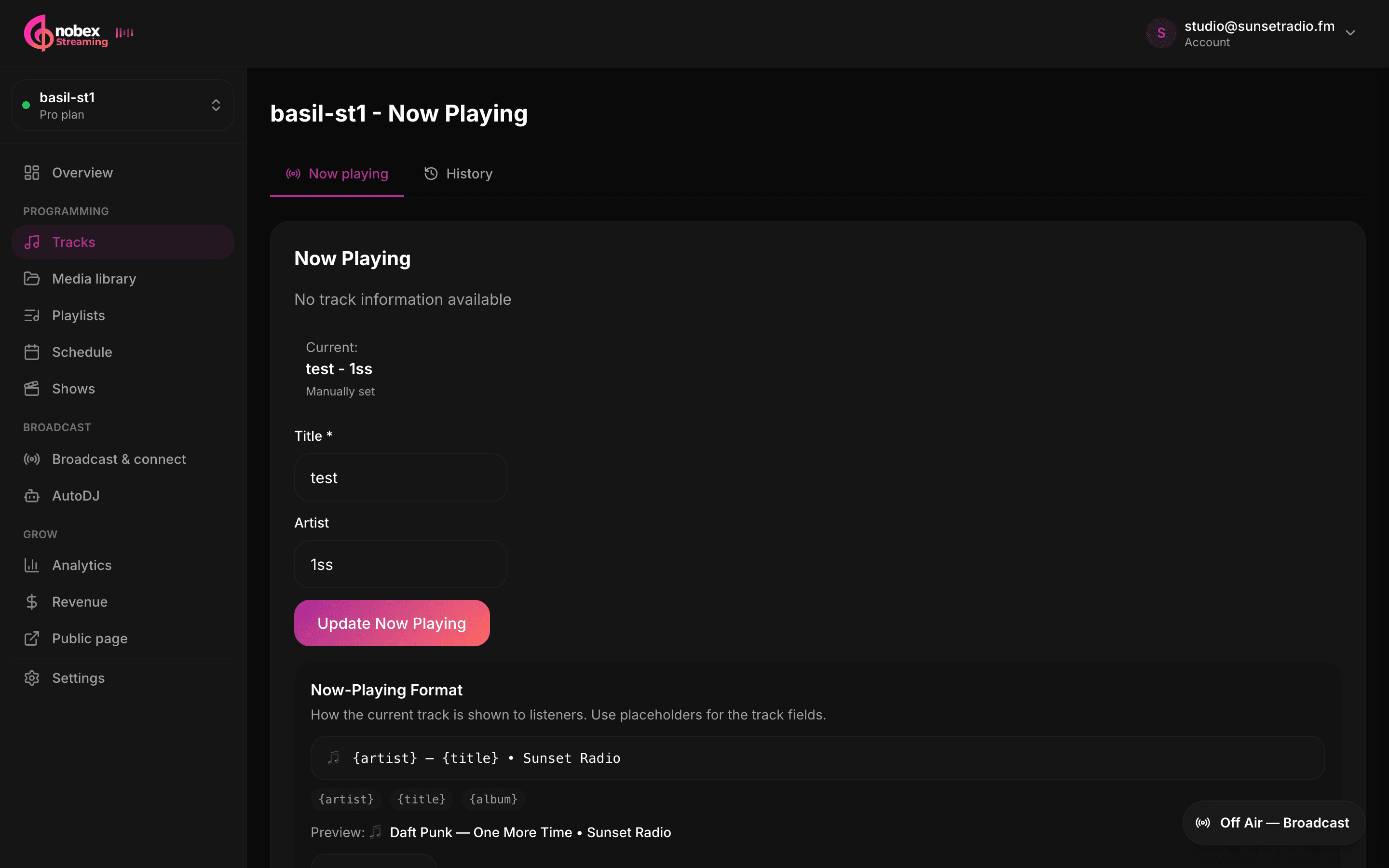 The Now-Playing Format editor with placeholder buttons and a live preview of the formatted string