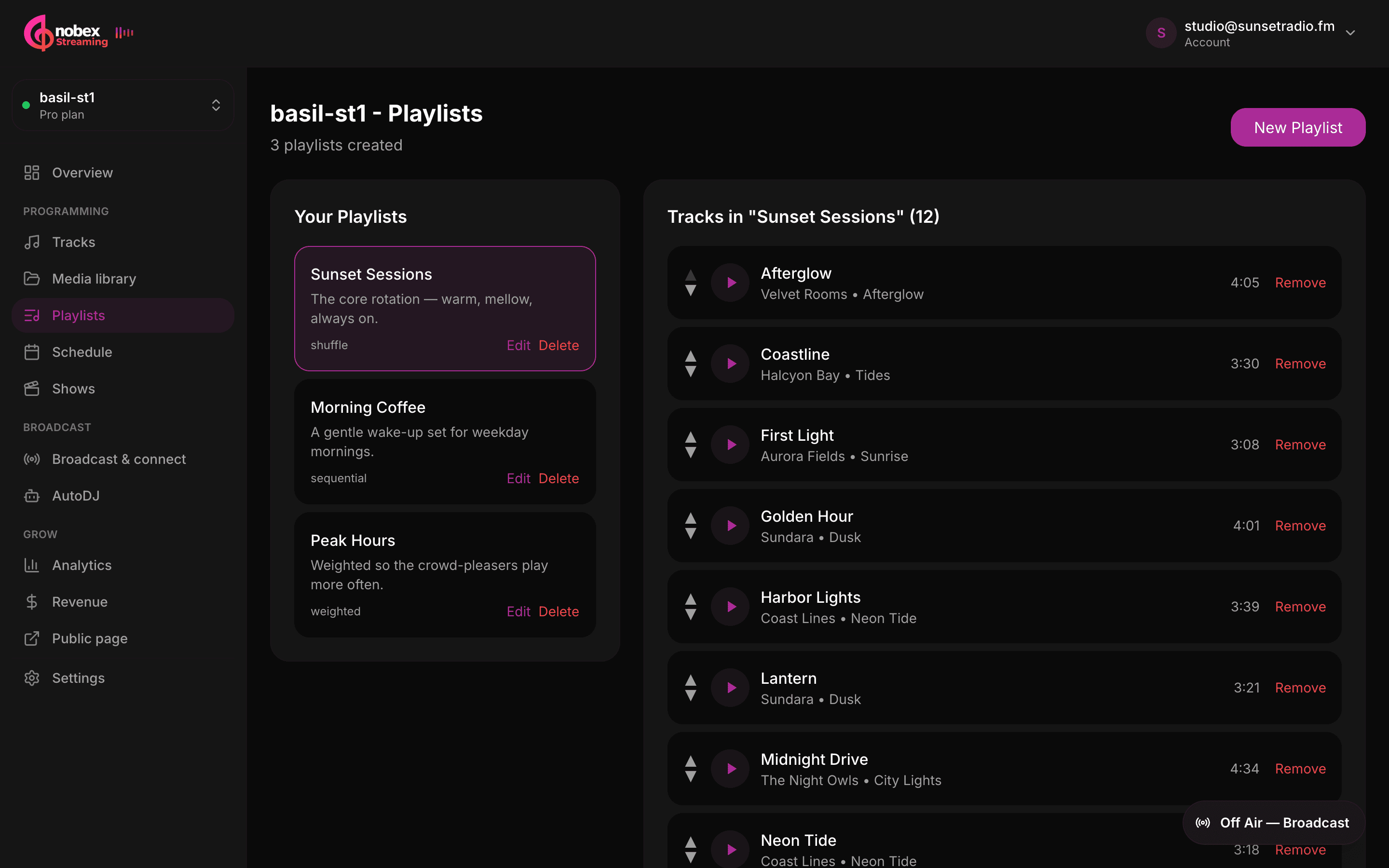 The Playlists page with a selected playlist, its ordered tracks and the Add Tracks search