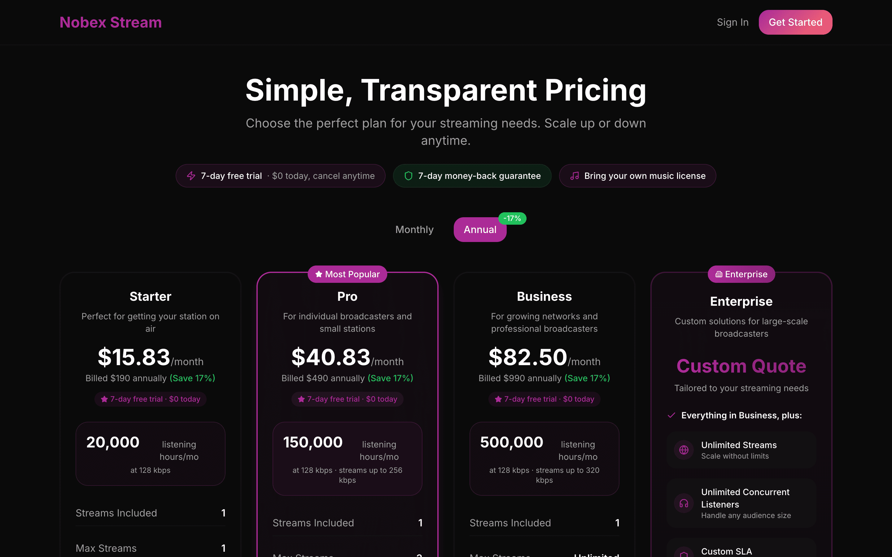 The Nobex Streaming pricing page with Starter, Pro and Business plans