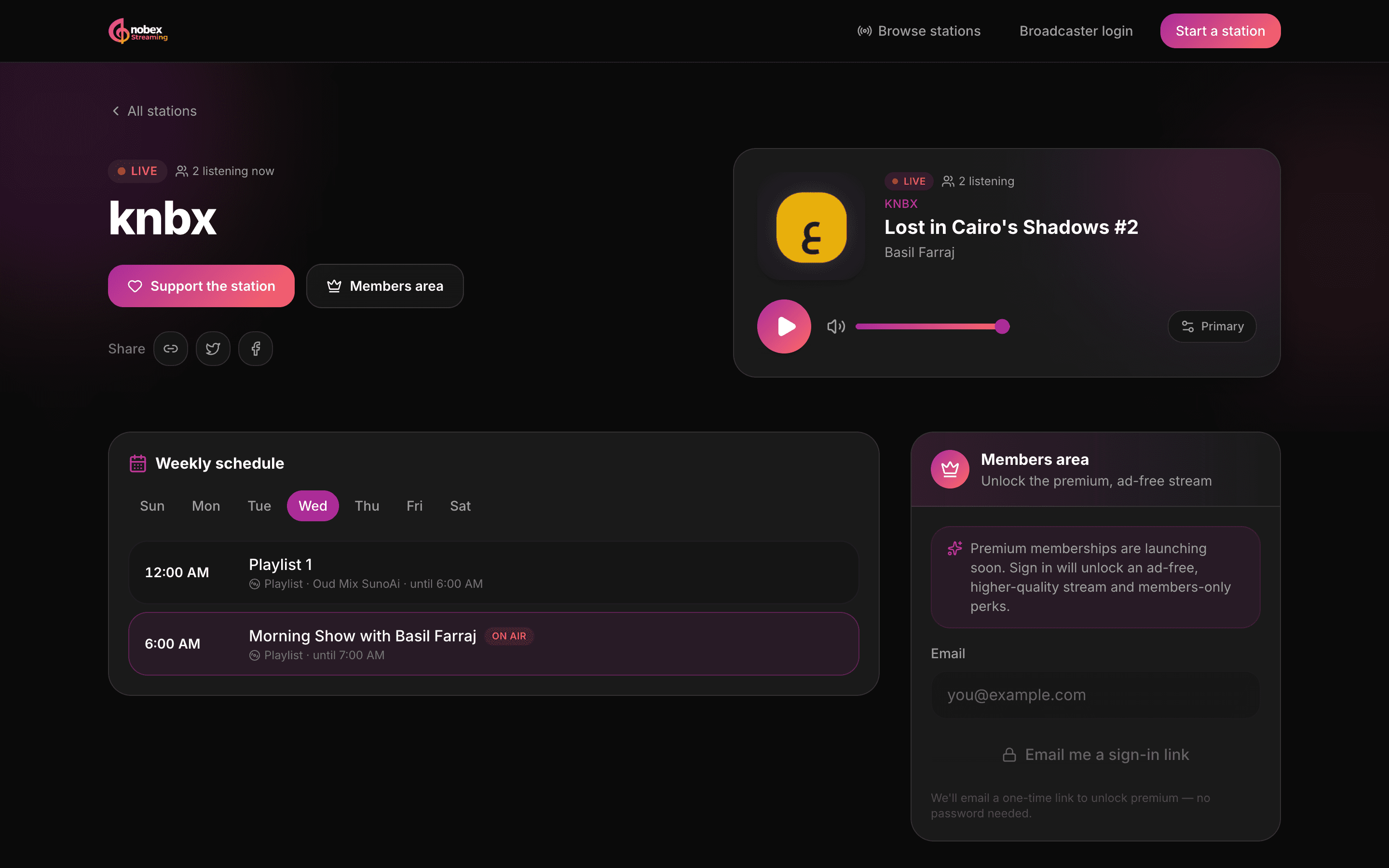 A hosted public station page with player, now-playing and schedule