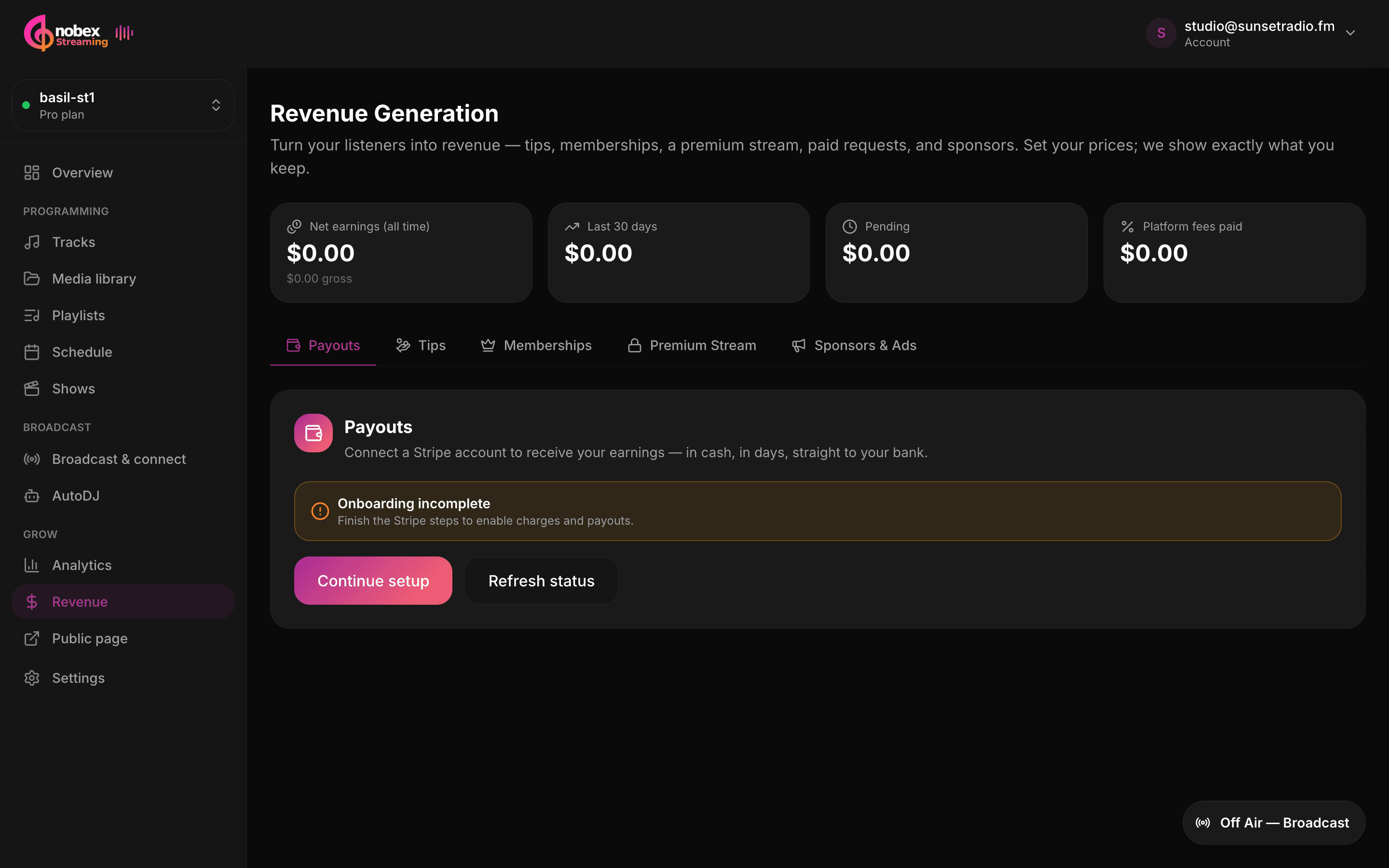 The Revenue dashboard earnings strip and channels