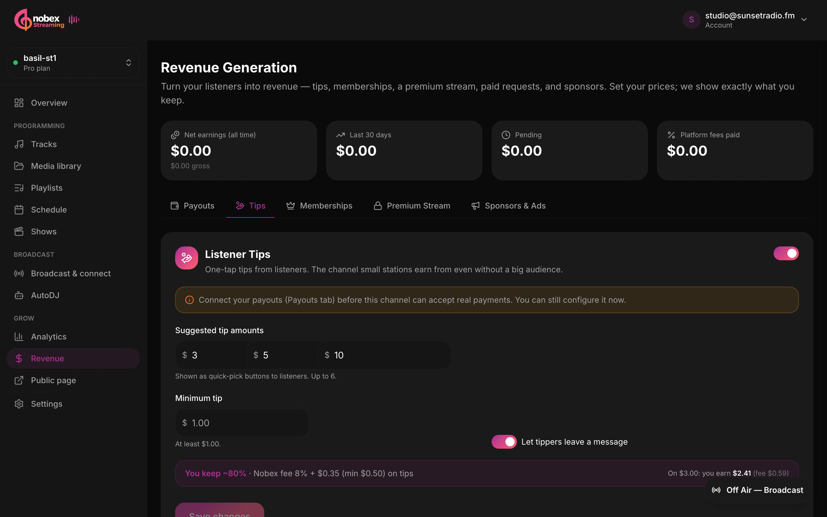 The Listener Tips panel with suggested amounts, a minimum tip field and the you-keep fee callout