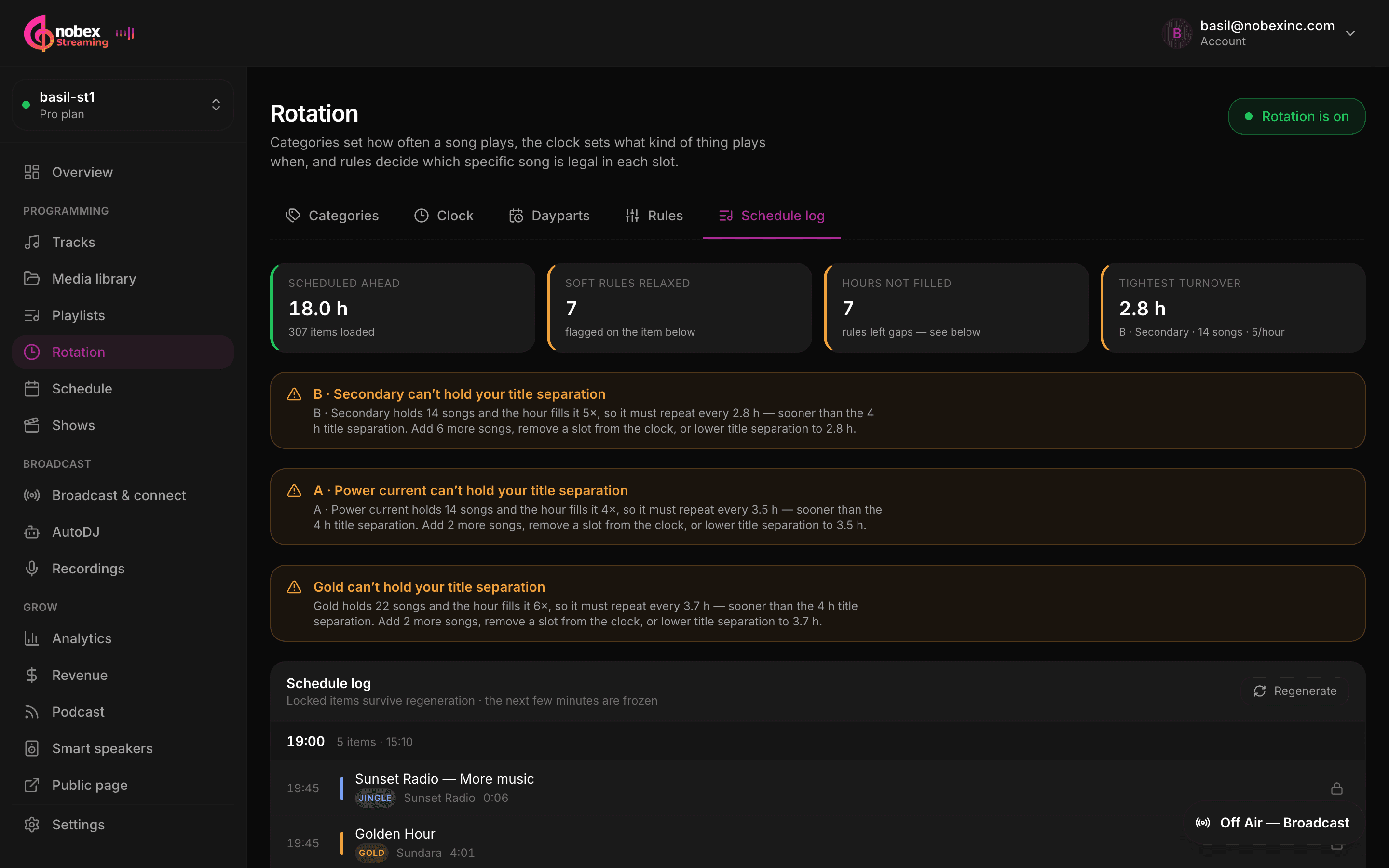 The schedule log showing three warnings, each naming a category and the exact number of songs to add