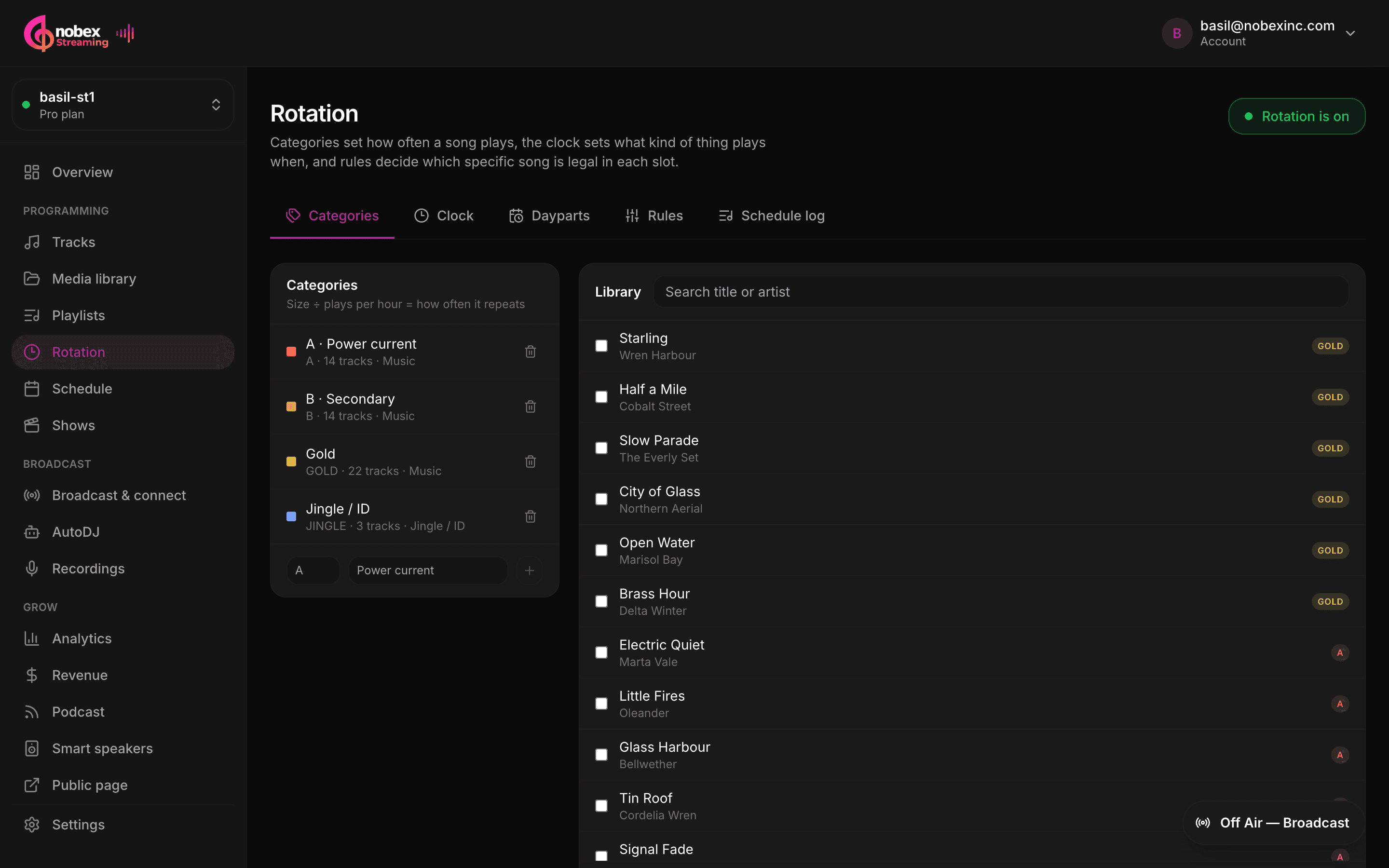 The Categories tab showing four categories with track counts beside the searchable library