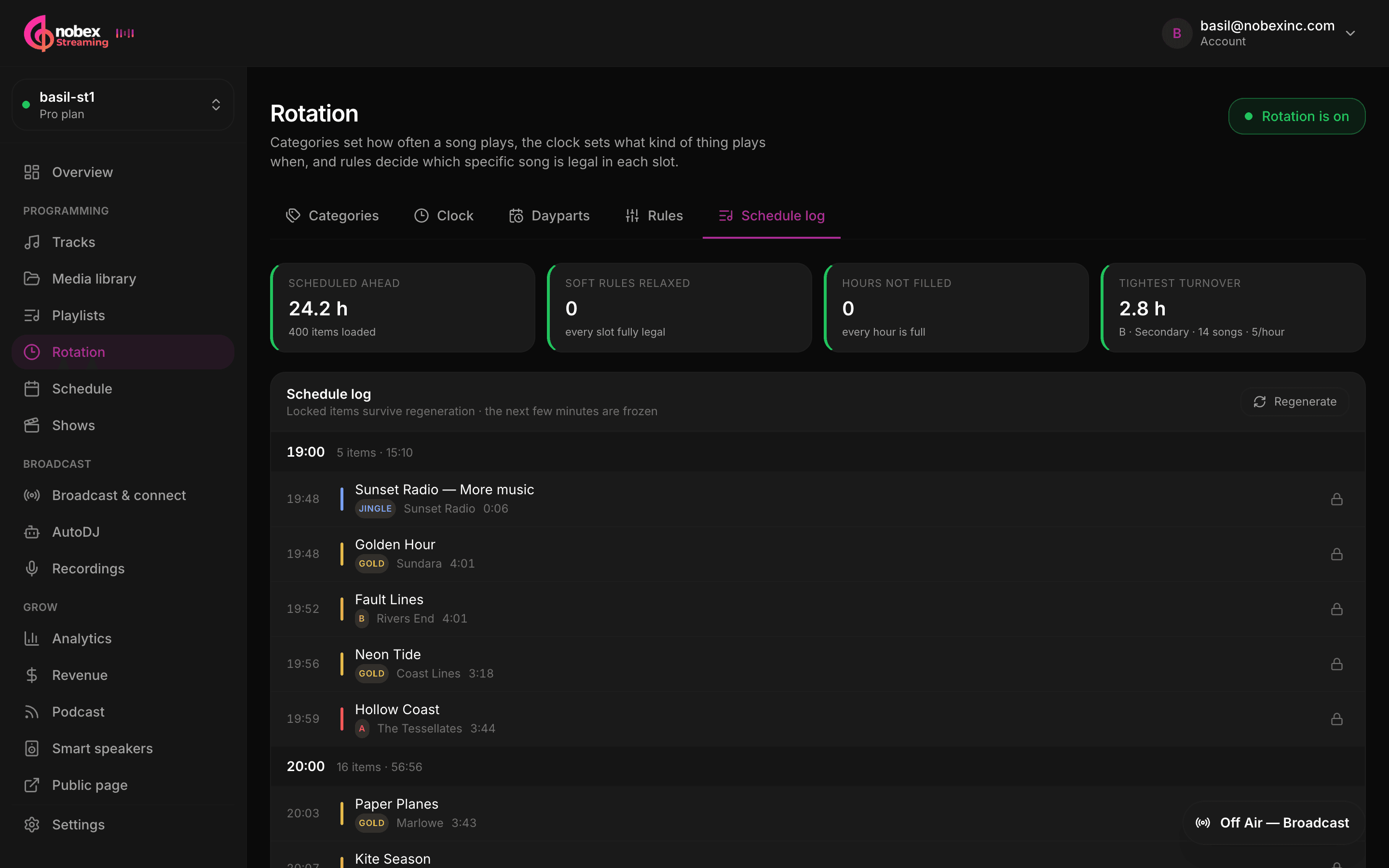 The schedule log with summary tiles above an hour-by-hour running order