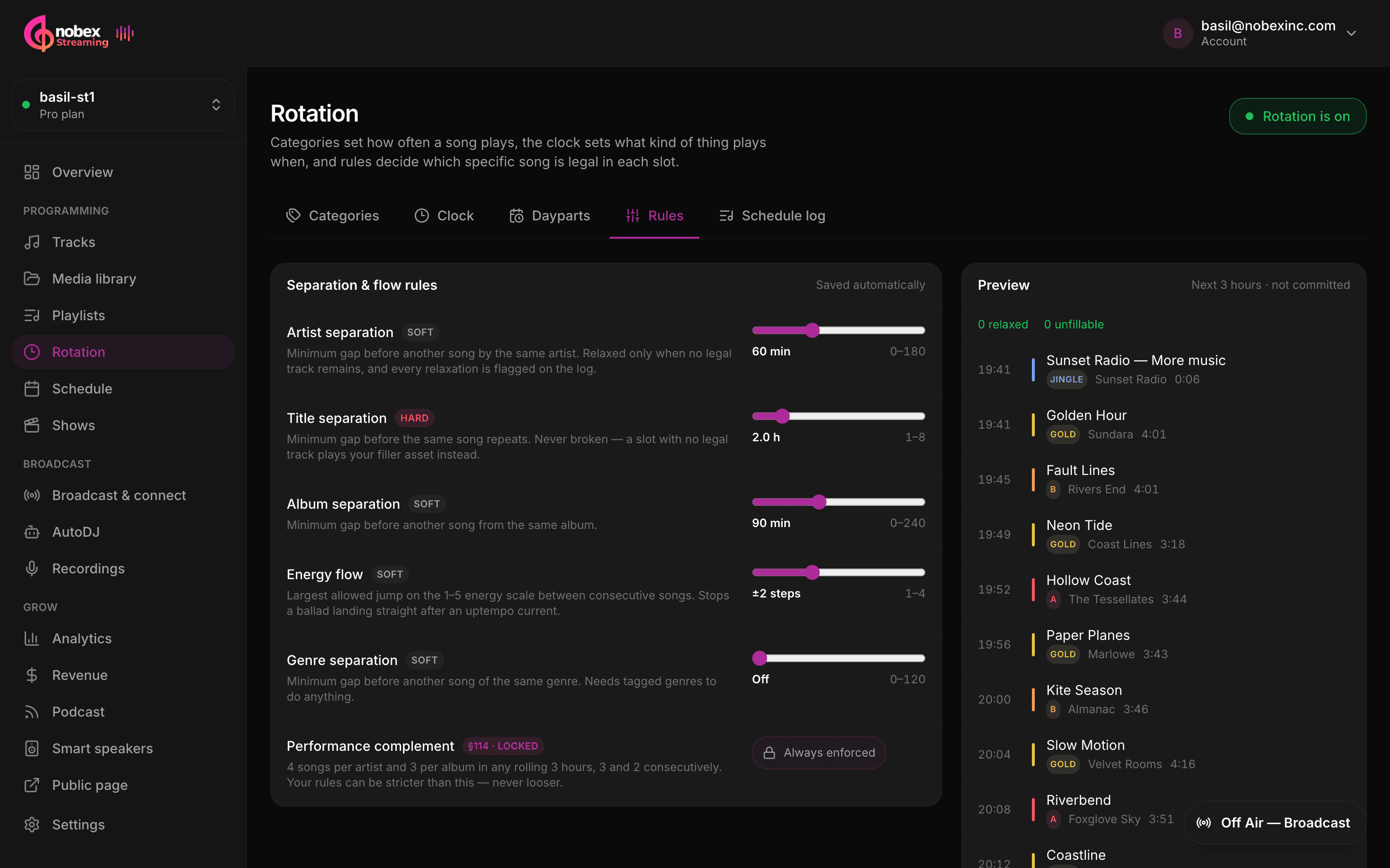 The Rules tab with separation sliders on the left and a live three-hour preview on the right