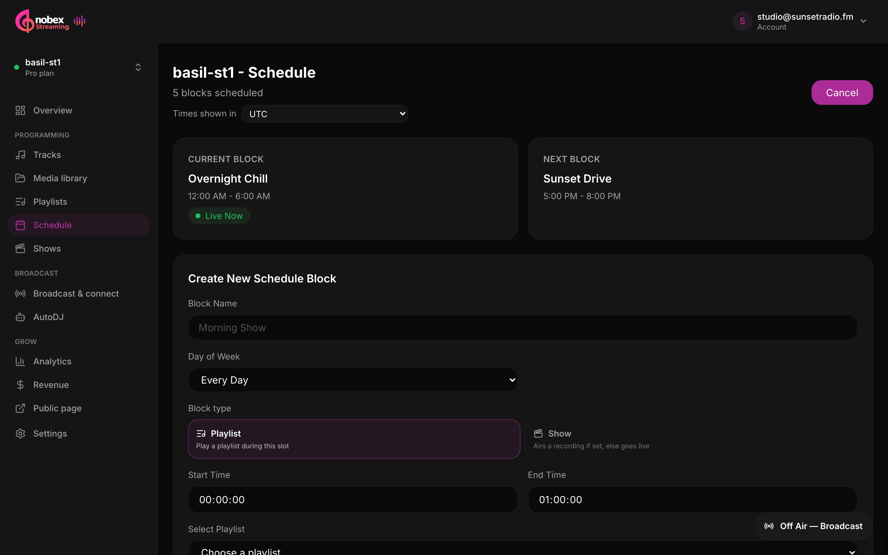 The New Schedule Block form showing name, day of week, block type, start and end time, priority and enabled