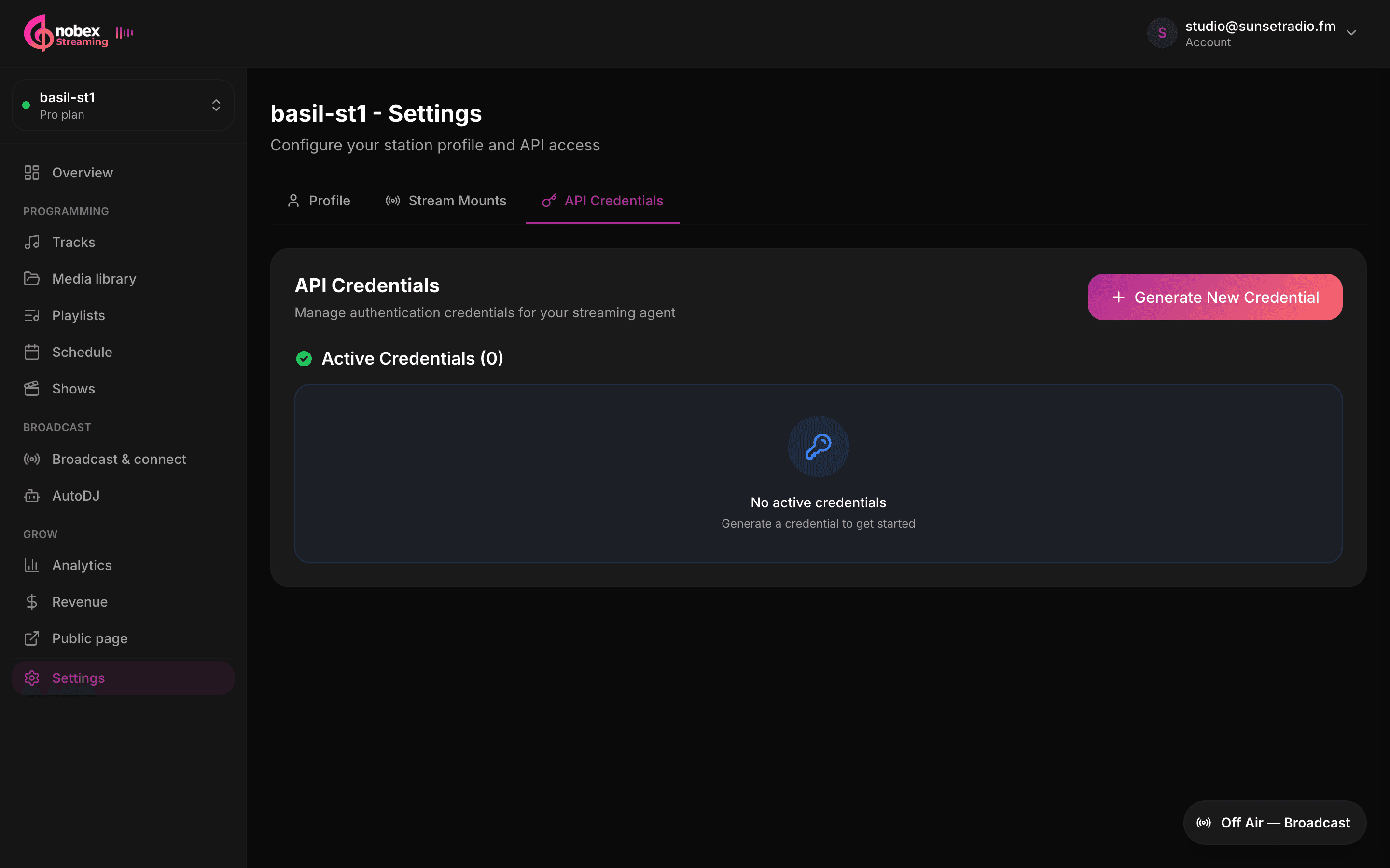 Station settings showing API credentials and access management