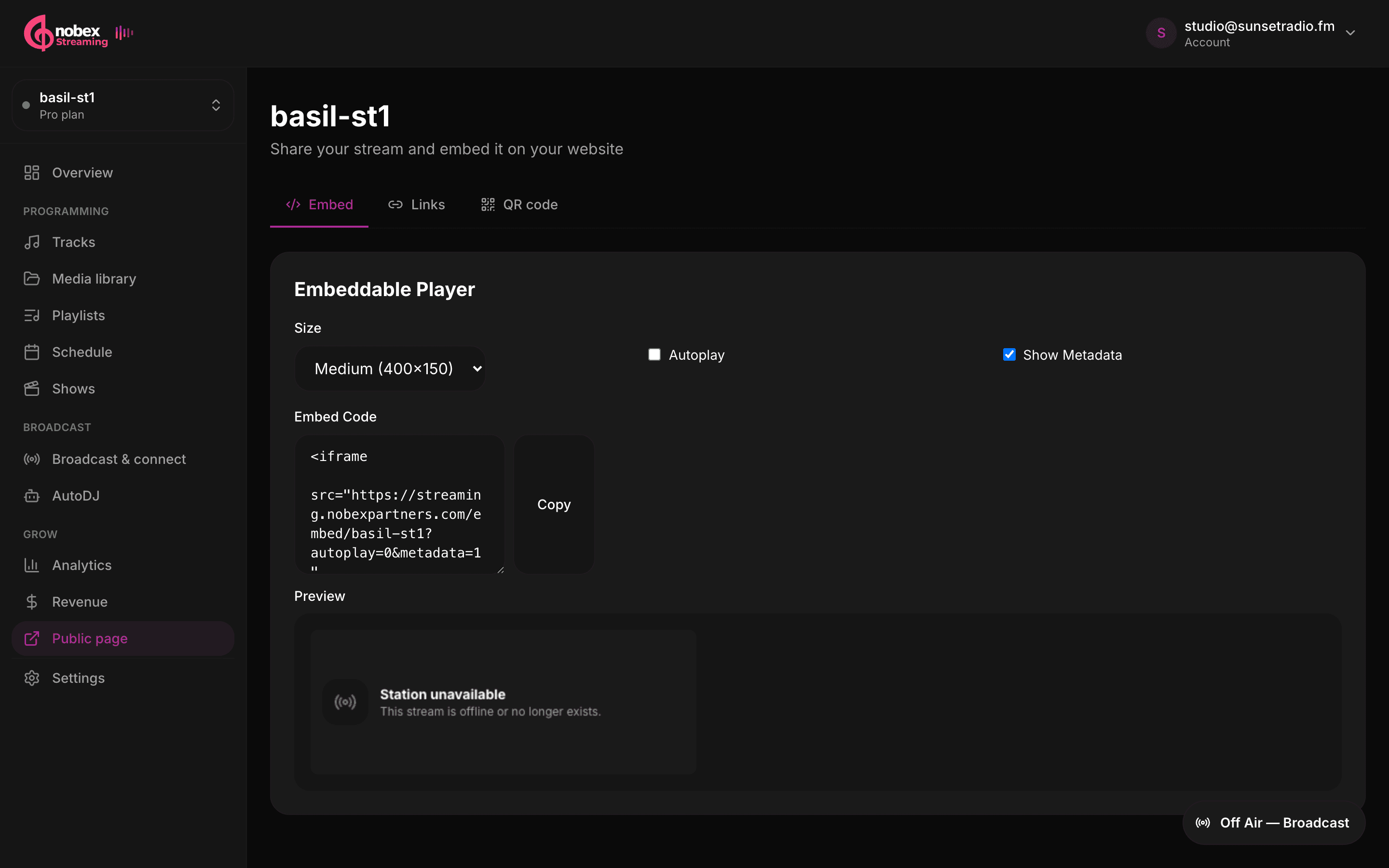 The embed code generator with size, autoplay and metadata options plus a live preview