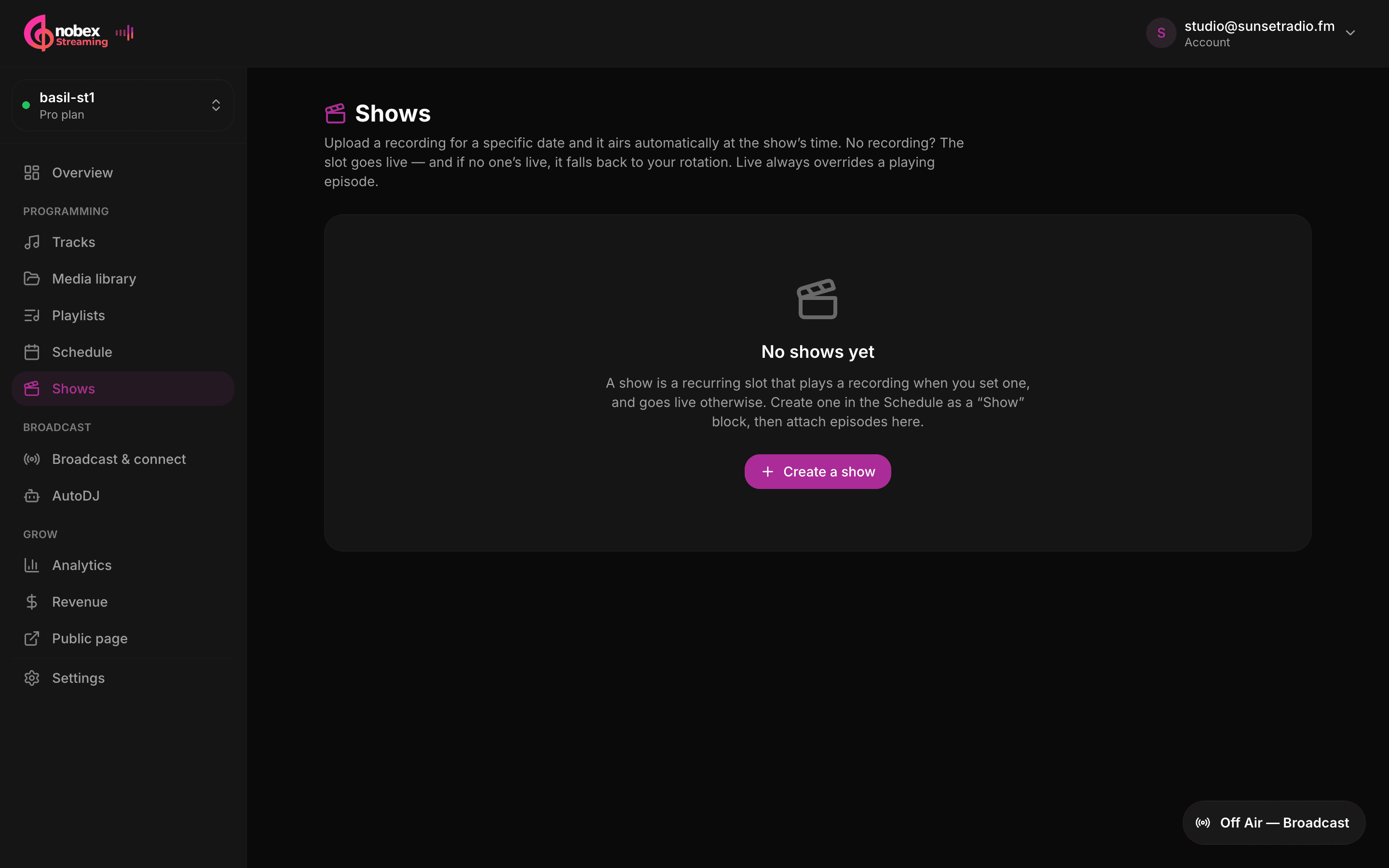 The Shows page listing a show with scheduled episodes and the attach-episode form