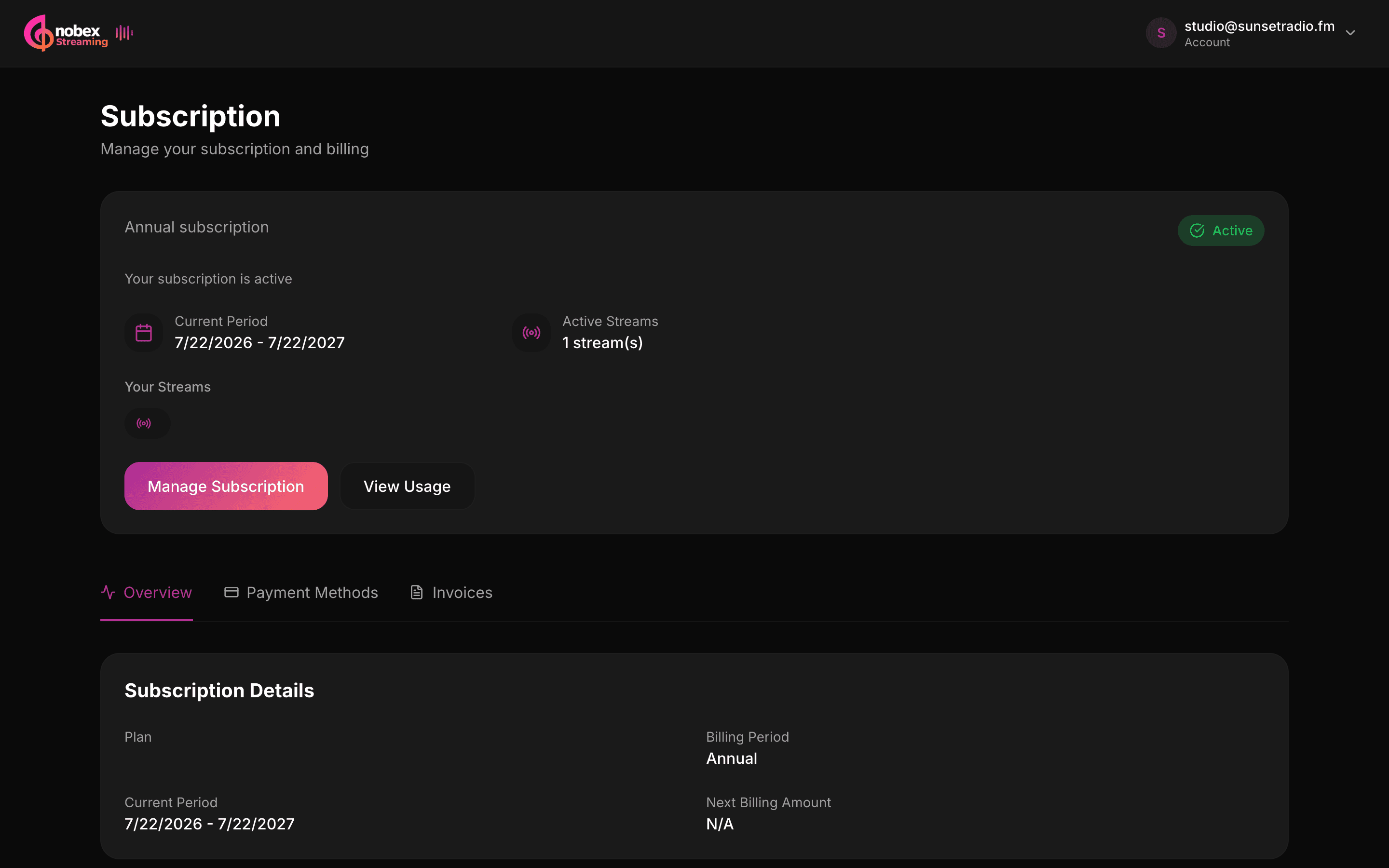 The Subscription page showing the plan card, usage meters and the Manage Subscription controls