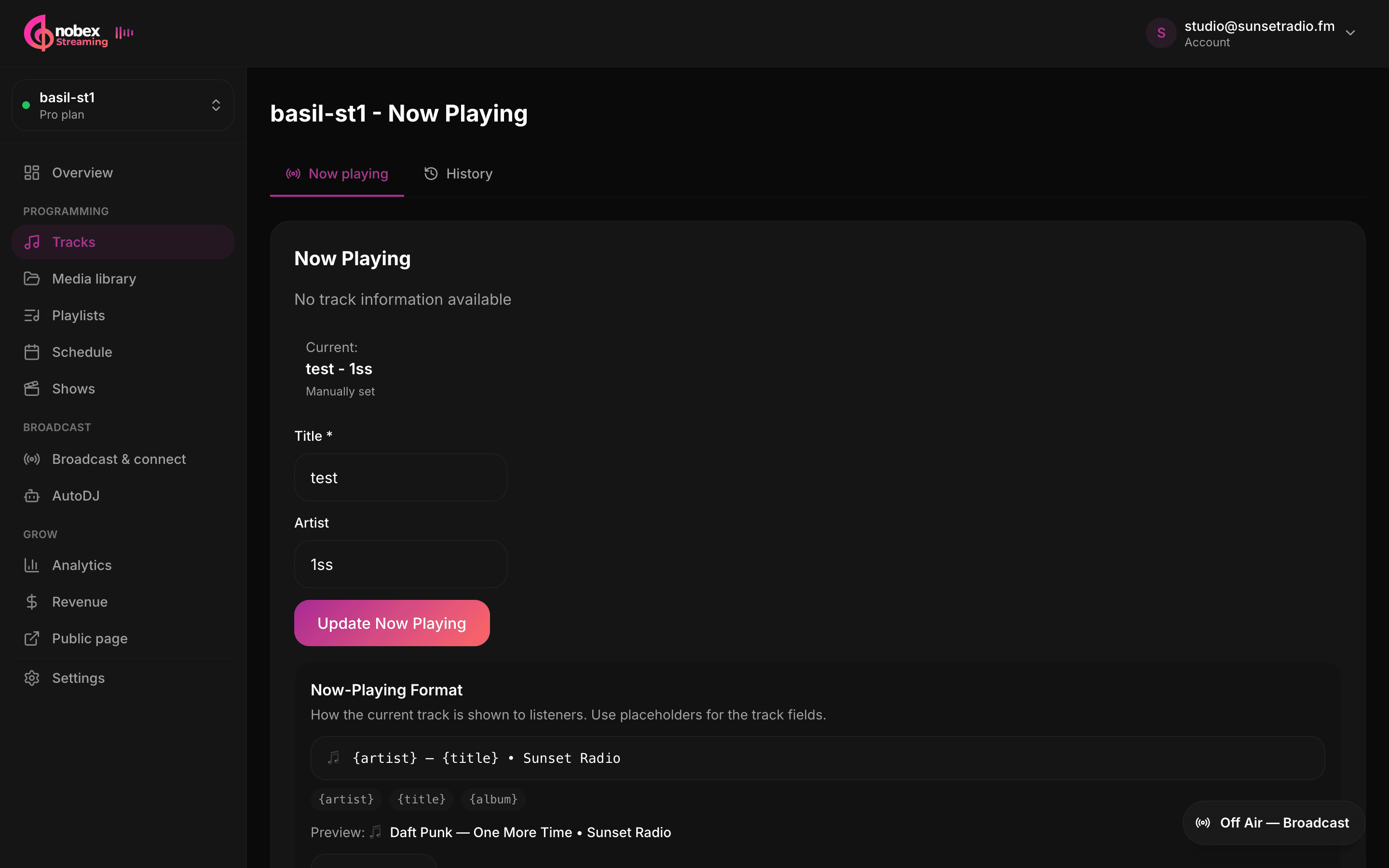 The Tracks page showing now-playing and metadata format