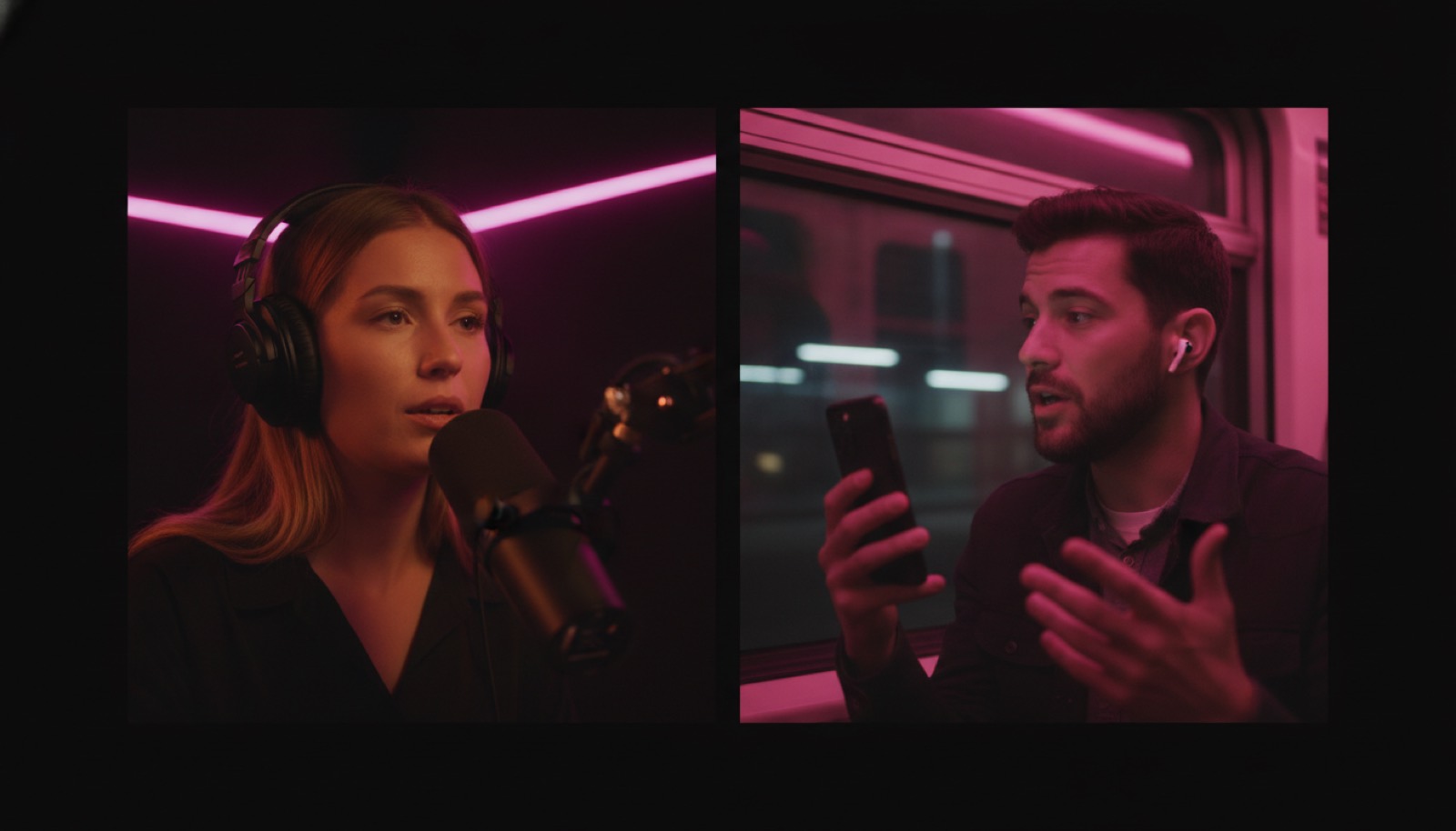 A split-frame photo of one live show from two places: a radio host at a studio microphone under magenta light, and her co-host on a night train talking into his phone